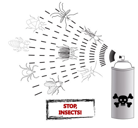 Spray against insects insecticides. anti pesticides, spiders, bugs, aphids, face of dead insect in poison toxic cloud isolated on white backgrond, illustration signのイラスト素材