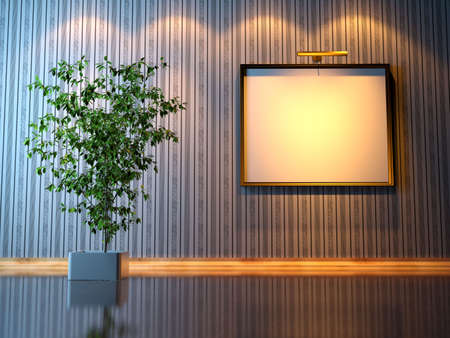 Interior composition with plant ficus and empty picture frame with warm lighting and wood reflective floorの写真素材