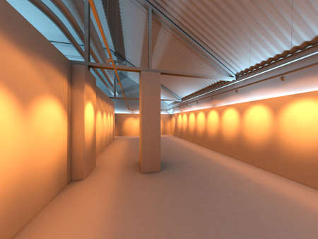 empty  blank gallery exhibition interior in factory with lights and reflective floor. Gypsum model interiorの写真素材