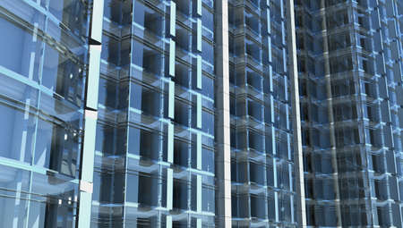 blank facade of glass office building with reflections and blank interiorの写真素材