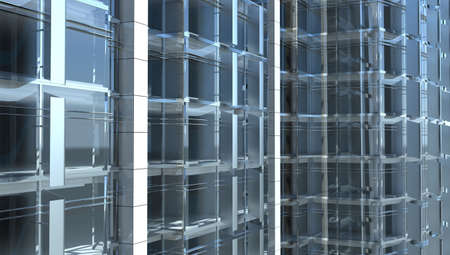blank facade of glass office building with reflections and blank interiorの写真素材