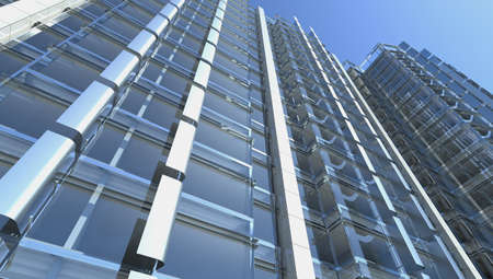 blank facade of glass office building with reflections and blank interiorの写真素材