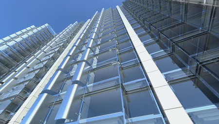 blank facade of glass office building with reflections and blank interiorの写真素材