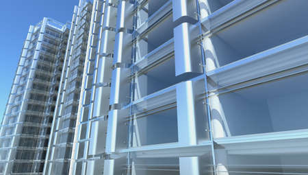 blank facade of glass office building with reflections and blank interiorの写真素材