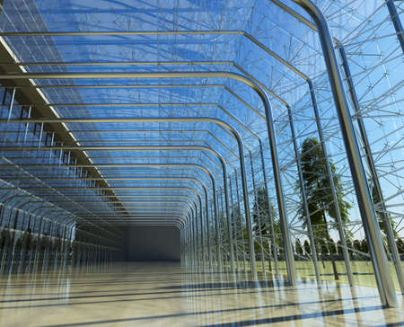 Transparent glass interior with sunlight from outside with floor and reflectionsの写真素材
