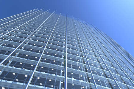 blank curved facade of glass office building with reflections,lights and blank interiorの写真素材