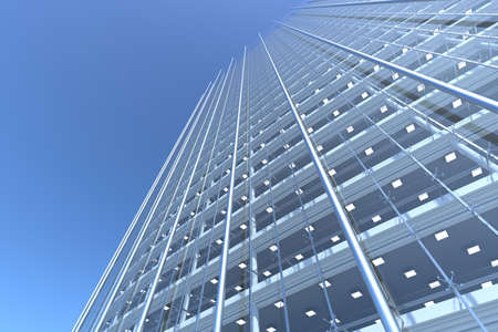 blank curved facade of glass office building with reflections,lights and blank interiorの写真素材