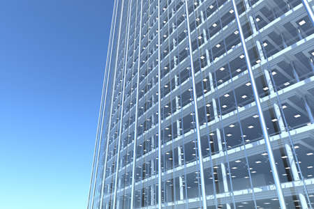 blank curved facade of glass office building with reflections,lights and blank interiorの写真素材