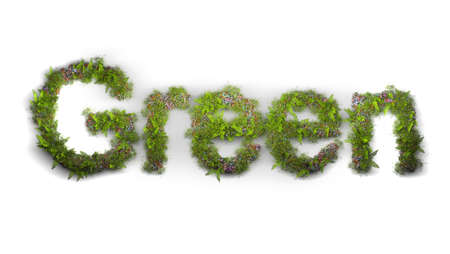 Green word typed by flowers and grassの写真素材