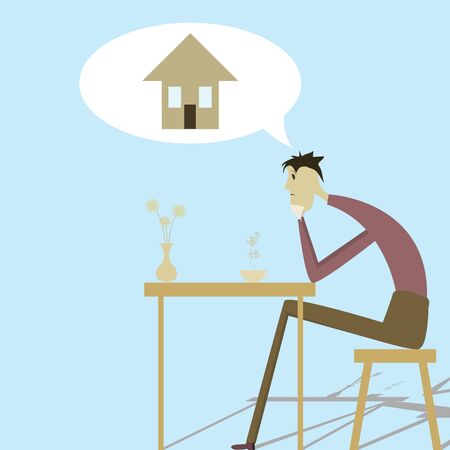 Sad man sitting at a table and wants to have their own housingのイラスト素材