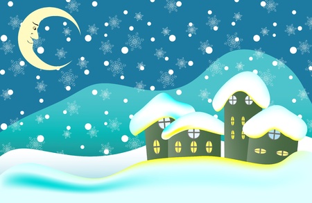 Christmas background with postcard cottages and a lunar landscapeのイラスト素材