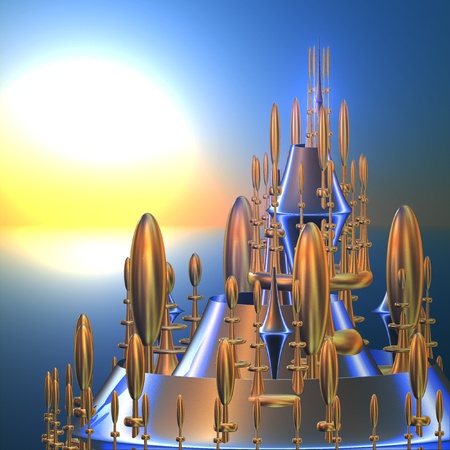 Fairytale fantasy city against the evening sky and sunの写真素材