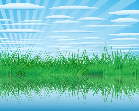 Summer landscape with a thick green grass and cloudsのイラスト素材