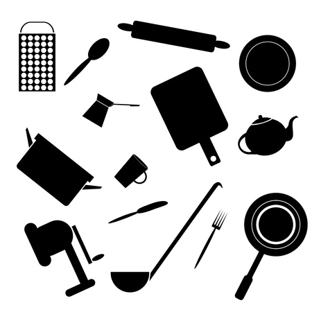 Silhouettes of kitchen accessories on a white backgroundのイラスト素材