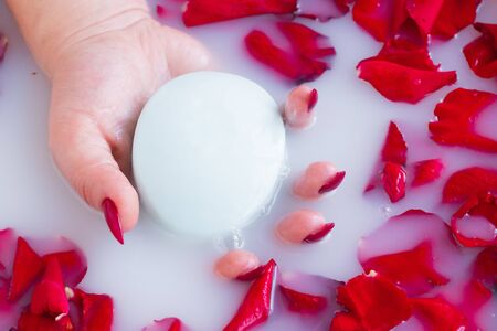 Female hand hold soap against the background of milk or white water with rose petalsの写真素材