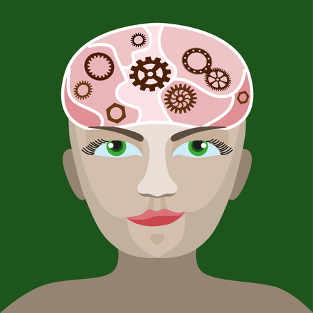 cog wheels forming a brain shape in the head shape. the concept of human intelligence. Head and Brain Gears in Progressのイラスト素材