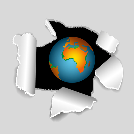 Earth globe coming out of paper holeのイラスト素材