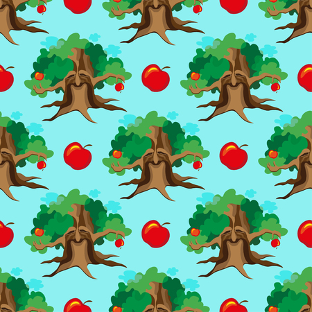 Cute seamless childish patchwork pattern. Adventure of apple tree. Can be used for kitchen textile or bed linen fabric, interior wallpaper design.のイラスト素材