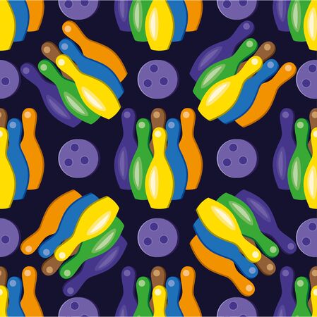 Vector bowling seamless pattern. Abstract bowling illustration. Bowling ball, bowling pins, shoes multicolor symbols on black background.のイラスト素材