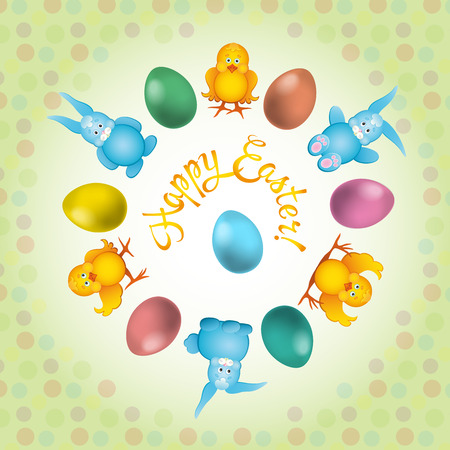 Colorful Happy Easter greeting card with rabbit, bunny and textのイラスト素材