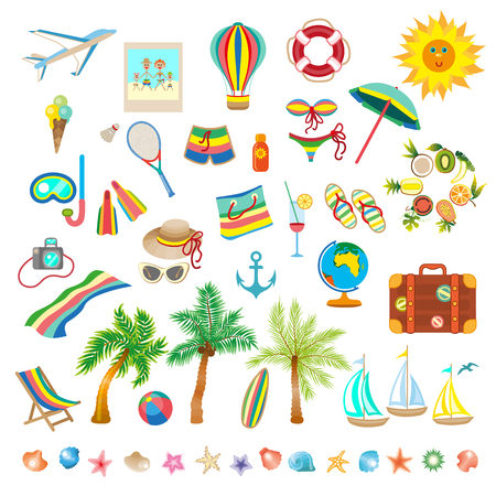 Summer vacation set. Beach island furniture objects people.の写真素材