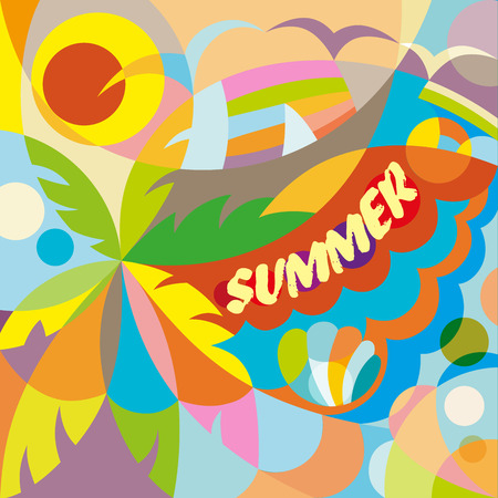 Summer theme with palm trees and bright Sun on yellow and blue background, illustration.のイラスト素材