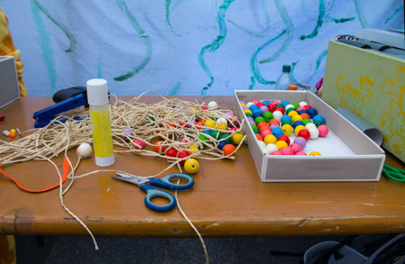 wooden table decoration itself to tinker around with scissors, pencils and balls.