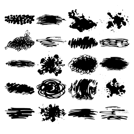 Large set of hand drawn grunge elements isolated on white background. Black ink borders, brush strokes, stains, banners, blots, splatters. Vector illustrationのイラスト素材