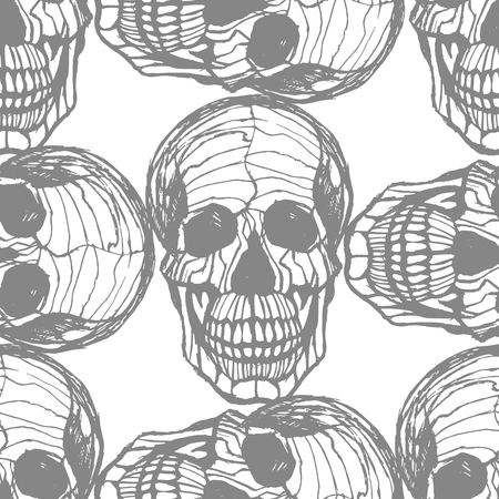 Black and white illustration of human skull in ink hand drawn style.のイラスト素材
