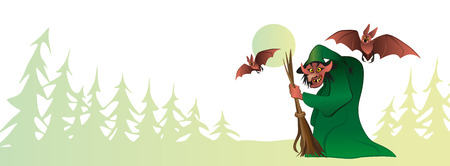 Witch holding a broomstick with bats, Halloween concept illustration.のイラスト素材