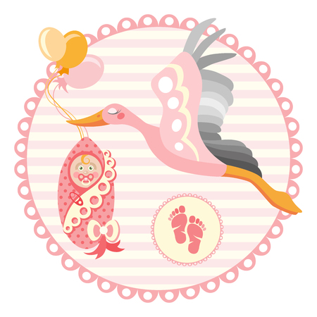 Stork carrying a cute baby. It s a girl Vector illustration.のイラスト素材