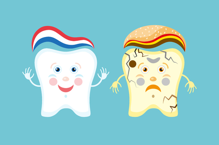 Unhealthy vs healthy teeth cartoon comparison, illustration, vectorの写真素材