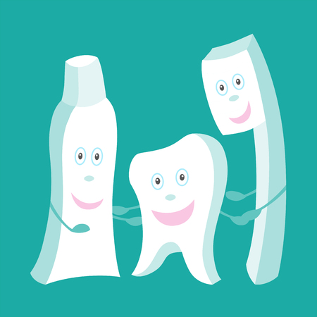 Tooth decay destroyed. Cute cartoon teeth characters vector. Dental care background. Healthy and unhealthy tooth.のイラスト素材