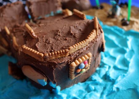 Chocolate cake with mascarpone on rustic background.の写真素材
