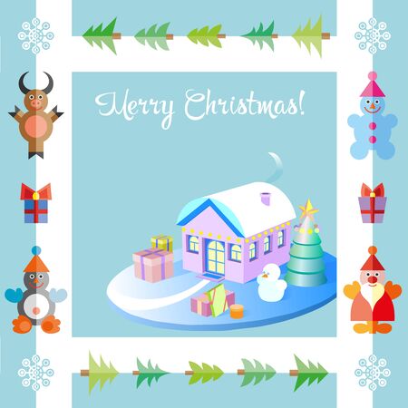 Isometric Christmas Decorated Houses with Tree and Snowman. 3d flat illustrationのイラスト素材