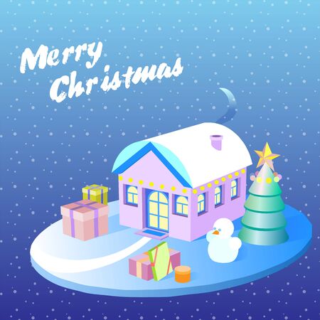 Christmas house, tree and gift boxes. Can use for web banner, infographics, hero images.のイラスト素材