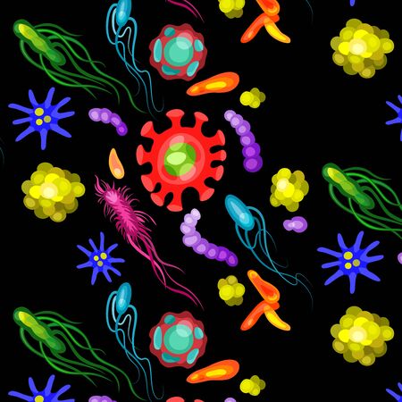 Cute bacteria, virus, germ cartoon character set. Microbe and pathogen vector icons isolated on background.のイラスト素材