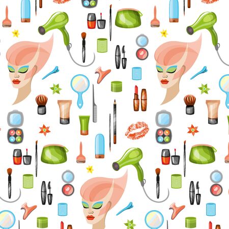 Make up and manicure tools print. Beauty products and makeup kit for home and salon treatment. Cosmetic stuff and accessories with mascara, brushes, palette, lipstick and eyeliner in circle shape.の写真素材
