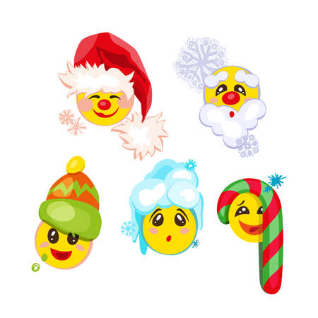 Holiday emoticon set icons, Christmas emoji symbols, isolated on white background, vector illustration.のイラスト素材