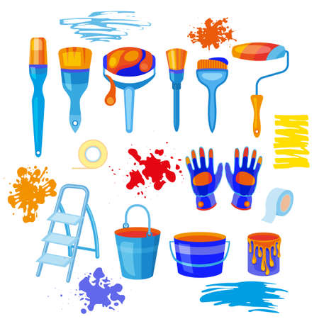 Flat working tools icon set, building object, implements and worker stuff.のイラスト素材