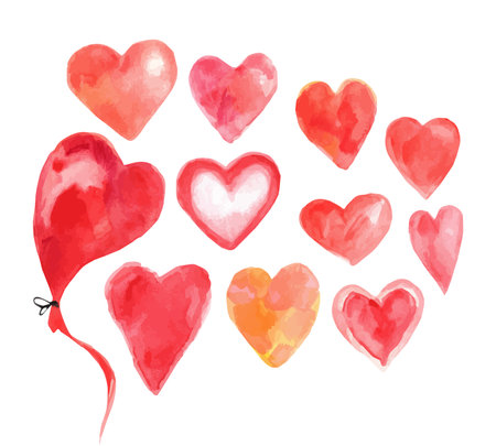 Set of watercolor hearts painted with brushes. Hearts are painted with watercolor brushes. Hand drawn illustration.のイラスト素材