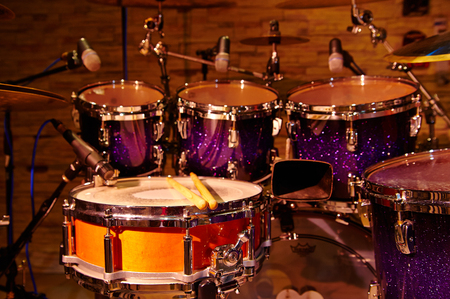 Drums set and sticks, close-upの写真素材