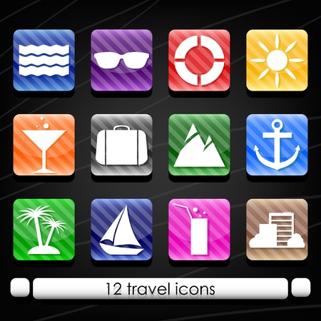 Set of colorful glossy travel icons on dark background  のイラスト素材