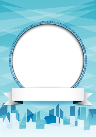 White circle with place for text or image on blue abstract background with city  のイラスト素材
