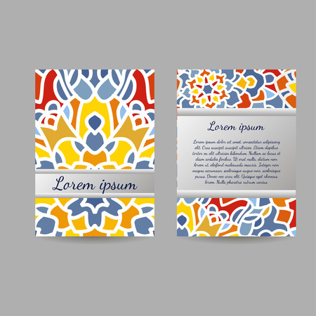 Set of brochures, templates design. Vintage cards with mandala patterns and ornaments.のイラスト素材
