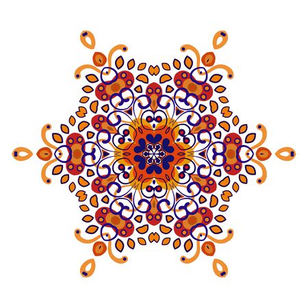 Openwork vector mandala. Round hand-drawn pattern in blue and orange tones. Colorful, bright print for invitation, wedding card, scrapbooking. Tattoo design.のイラスト素材