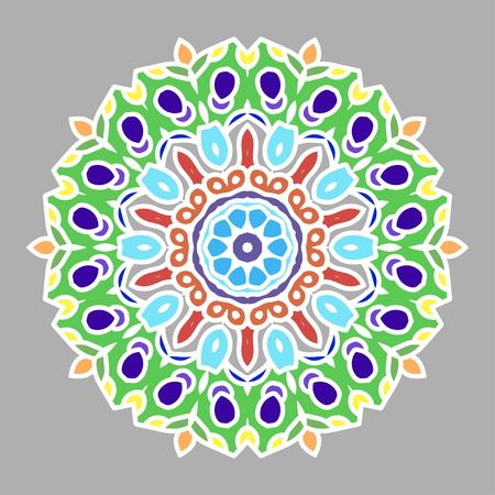 Decorative round lace ornate mandala. Round hand-drawn pattern. Colorful, bright print for invitation, wedding card, scrapbooking. Tattoo design.のイラスト素材