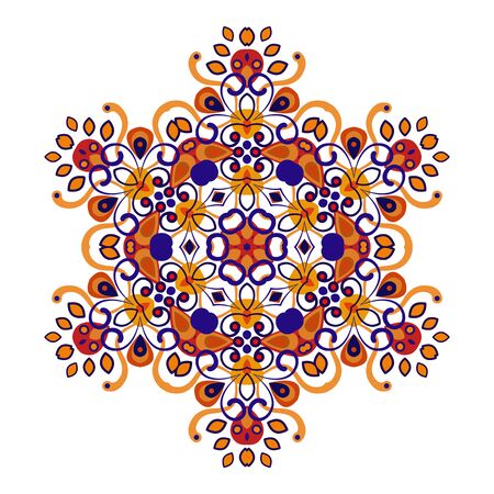 Openwork vector mandala. Round hand-drawn pattern in blue and orange tones. Colorful, bright print for invitation, wedding card, scrapbooking. Tattoo design.のイラスト素材