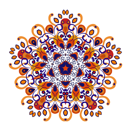 Openwork vector mandala. Round hand-drawn pattern in blue and orange tones. Colorful, bright print for invitation, wedding card, scrapbooking. Tattoo design.のイラスト素材