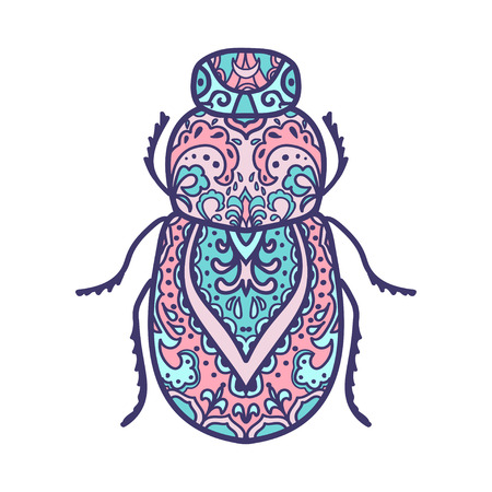 Scarab beetle. Animals. Hand drawn doodle insect. Ethnic patterned vector illustration. African, indian, totem, tribal, design. Sketch for adult coloring page, tattoo, print or t-shirt.のイラスト素材